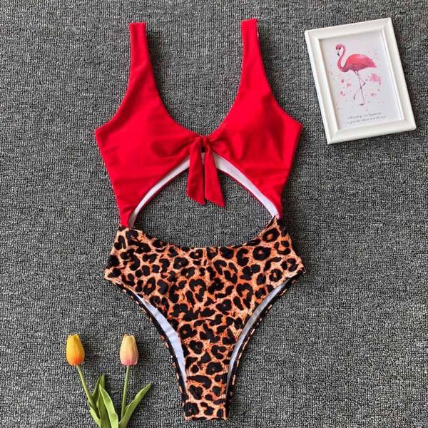 

one-piece suits tummy cut out one piece swimsuit knotted women swimwear 2021 thong leopard bather backless bathing suit swim wear 5055