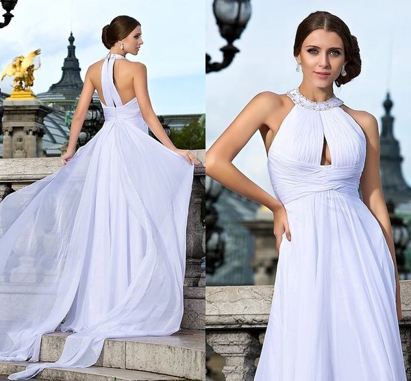 

a-line cut out elegant keyhole summer wedding dress halter sleeveless court train chiffon criss cross beading beach bridal gown vestido de n, White