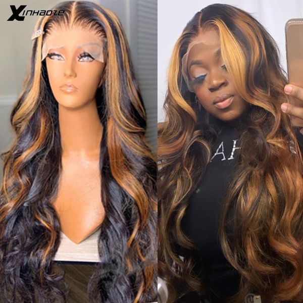

natural wave highlight wig piano color deep part lace front human hair wigs blonde ombre remy 5*5'' silk base wig1, Black;brown