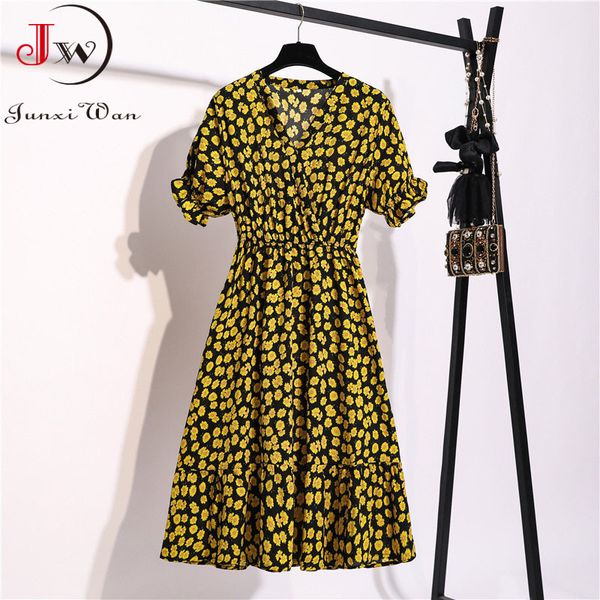 

women vintage summer dress chiffon floral print short sleeve v neck high elastic waist sweet casual midi robe femme 210510, Black;gray