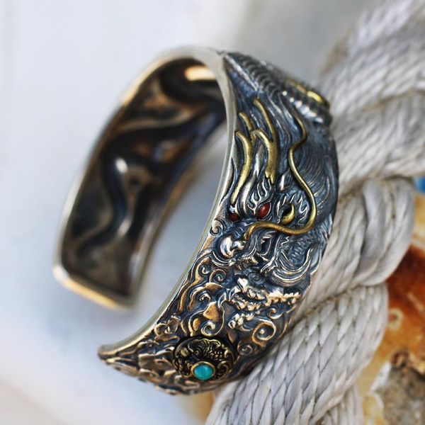 

bangle classic chinese style jewelry gift carved a lifelike dragon metal bracelet for men, Black