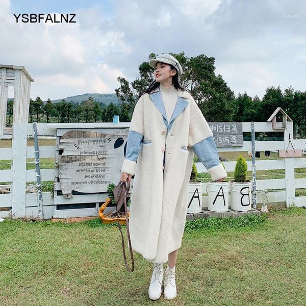 

women's wool & blends denim stitching lamb coat 2021 winter fashionable quality warm womens retro style loose long clothing mulheres ca, Black
