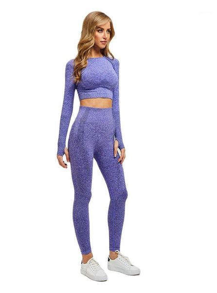 

yoga outfit seamless set running bra and spandex leggings gym workout fitness long sleeves tight high waist hip lifting pants