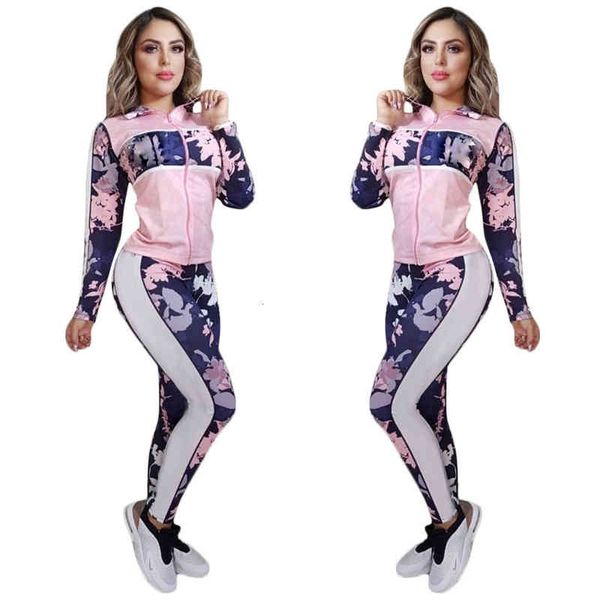 

women's tracksuits active womens fashion flowers pattern with stripe outfits spring autumn jacket & leggings for wholesale trendy 2 pie, Gray