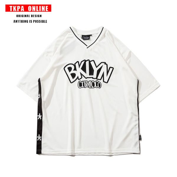 

tkpapu leather letter embroidery short sleeve t-shirt men's and women's high street loose fashion brand hip hop half sleeve tee, White