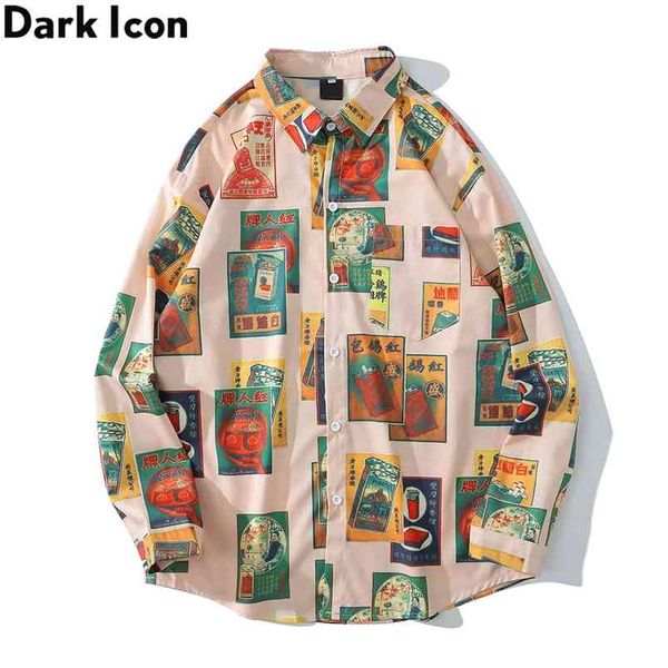 Dark Icon Camicie stampate vintage da uomo Colletto rovesciato Camicia da uomo Streetwear per uomo 210721
