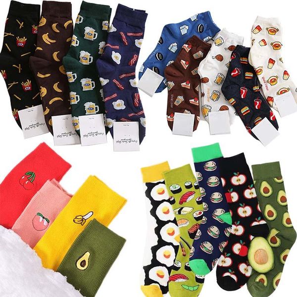 

men's socks harajuku happy funny cartoon fruit avocado banana burger fries beer biscuit fried chicken food skateboard soc, Black