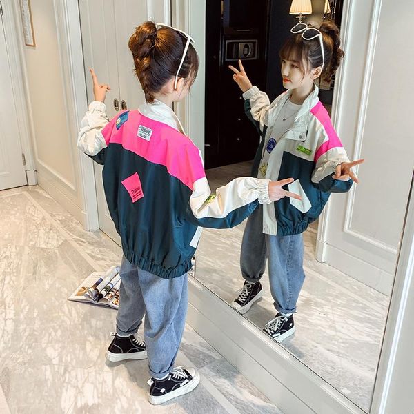 

jackets 2021 children contrast color stitching outerwear girl fashion windbreaker teenage spring autumn trend jacket 10 11 12 13 14y, Blue;gray