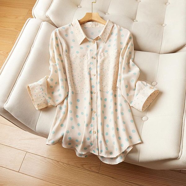 

women's blouses & shirts women spring summer style chiffon lady casual long sleeve turn-down collar green polka dot printed blusas, White