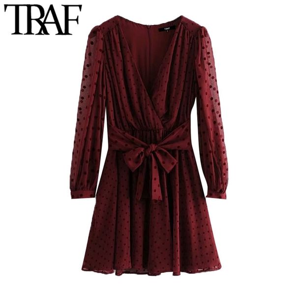 

women chic fashion polka dot mesh mini dress vintage long sleeve bow tie sashes female dresses vestidos mujer 210507, Black;gray
