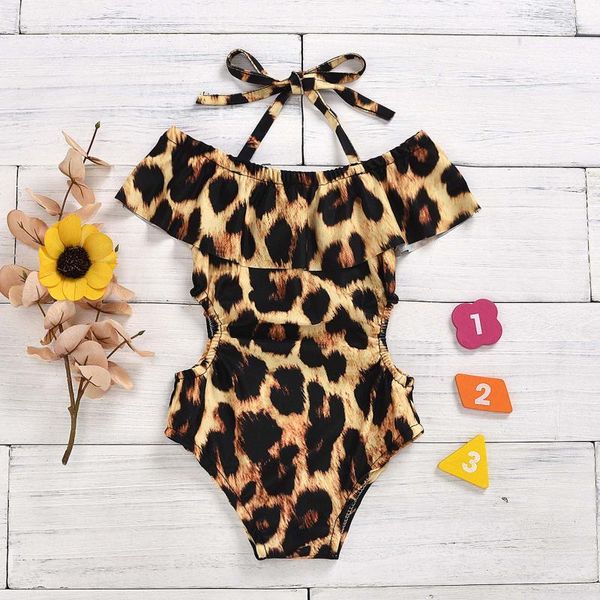 

one-pieces 2021 children's swimwear toddler girl one-piece swimsuit halter fashion leopard print swimming suit for children, Black