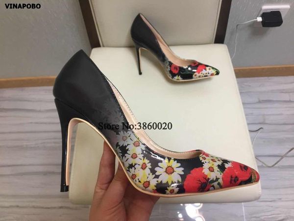 

flower print black patent leather wonen pumps fashion office shoes women high heels women's party wedding dress