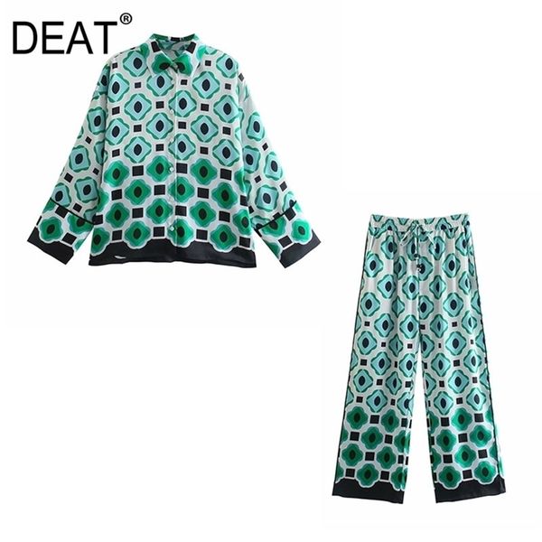 

[deat] spring summer fashion long sleeve turn-down collar shirt printing wide leg pants women two-piece suit 13c865 210527, White