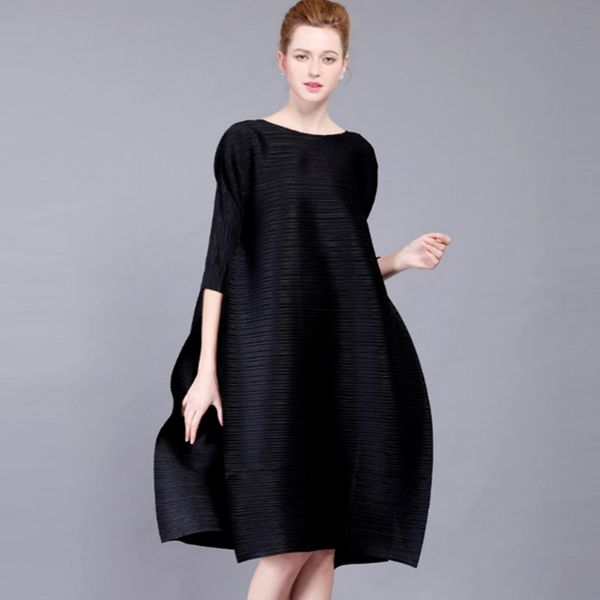 

dresses high-end fashion black women's miyak pleated 3/4 sleeves o-neck loose large size dress elegant party dresses plus, Black;gray