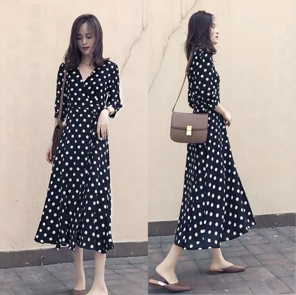 

dresses 3027# spring summer black dot print chiffon maternity full long dress v neck tie slim waist clothes for pregnant women pregnancy, Black;gray