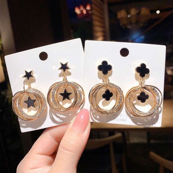 

s925 silver needle exaggerated round four leaf flower five point star net red same multi-layer diamond earrings for female, Black
