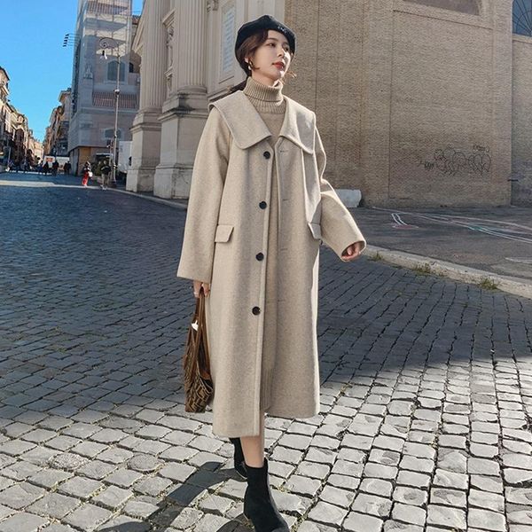 

women's wool & blends ins sweet college style wool-like fabric light gray mid-length fold-down collar single breasted woolen cloth coat, Black