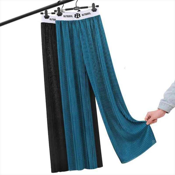 

ice silk wide leg womens capri spring summer high waist drape mopping straight letter chiffon casual, Black;white