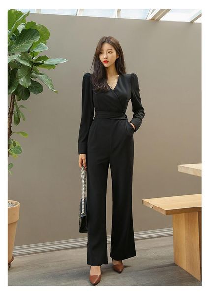 

spring and autumn women's v-neck elegant black professional casual long sleeve straight jumpsuit jumpsuits & rompers, Black;white
