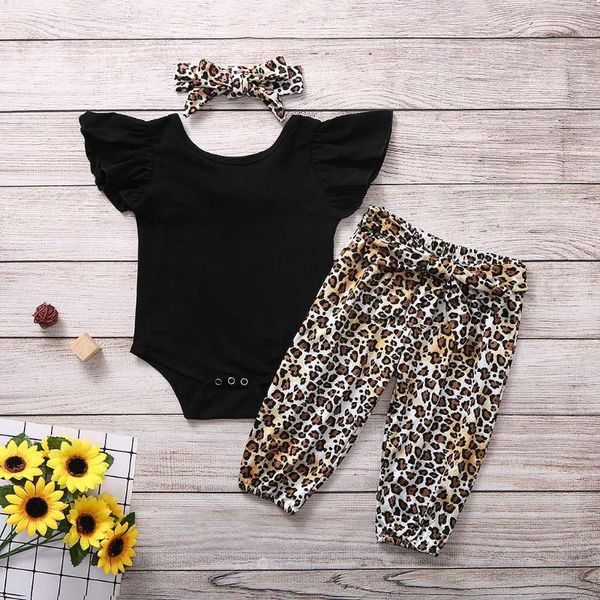

infant baby girls clothes solid romper bodysuit+leopard print pants+leopard headband children kids girl 3pcs outfits clothing sets, White