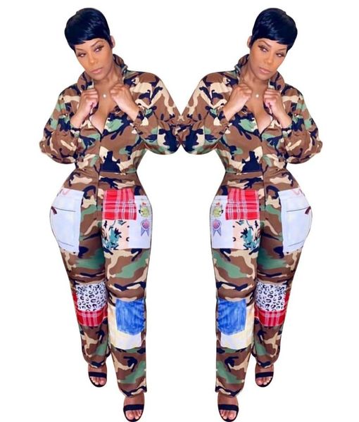 

women's jumpsuits & rompers fashion slim camouflage printed jumpsuit 2021 autumn and winter long sleeve zipper v-neck casual overol muj, Black;white