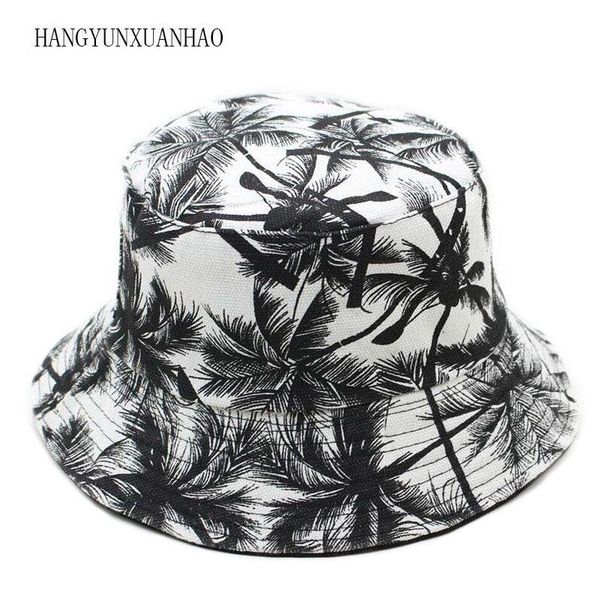 

cloches 2021 two side reversible coconut tree bucket hat printing hip hop for women men panama cap summer fisherman