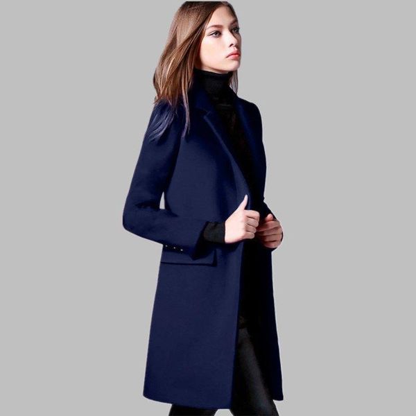 

women's wool & blends woolen coat pocket button medium long autumn and winter fashion slim lady solid, Black