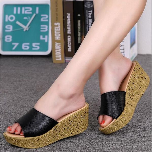 

genuine leather platform sandals women solid color flip flops ladies open toe high heel muffin slippers, Black