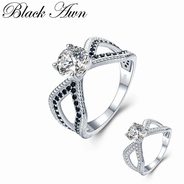 

cluster rings [black awn] trendy 3.6g 925 sterling silver jewelry black spinel round bague wedding for women bijoux c485, Golden;silver