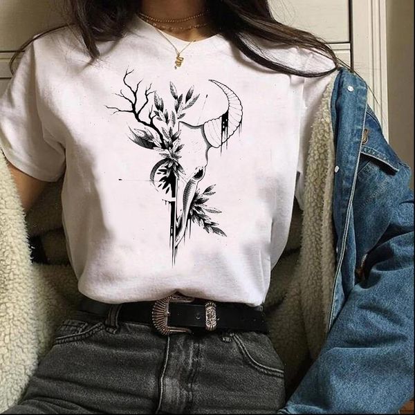 

graphic heifer skull 90s fashion women t shirts vintage mujer camisetas print clothes lady tees female, White