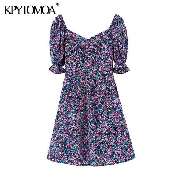 

women chic fashion floral print mini dress v neck puff sleeves back stretchy female dresses vestidos mujer 210420, Black;gray