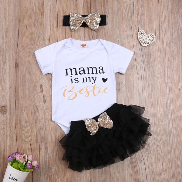 

clothing sets pudcoco born baby girl clothes short sleeve round neck letter print romper net gauze fluffy skirt sequin bow headband 3pcs, White