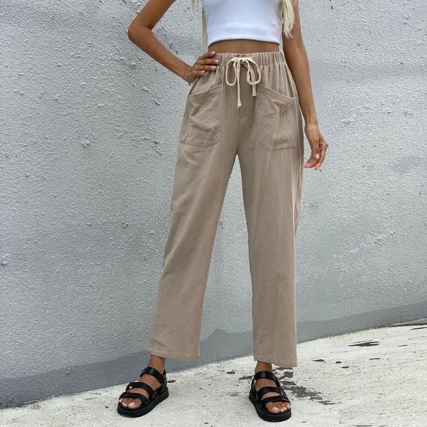 

women's pants & capris women casual elastic waist solid color straight trousers drawstring pockets slim clothing loose, Black;white