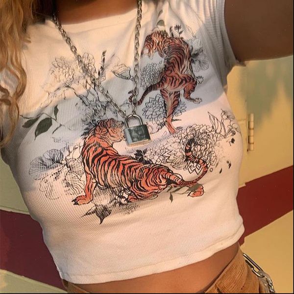 

womens t shirt floral animal tiger print ribbed women fashion bodycon summer cropped tees white slim chinese