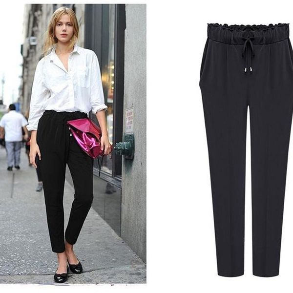 

women's pants & capris fashion chiffon candy casual harem elastic waist plus size women trousers pantalones  -6xl, Black;white