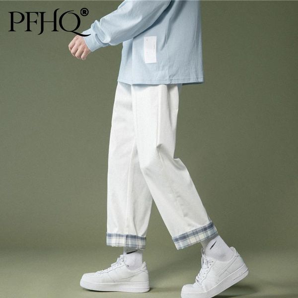 

men's pants pfhq 2021 men fashion korean style ins casual all-match plaid flanging straight nine-point summer autumn 21d295, Black