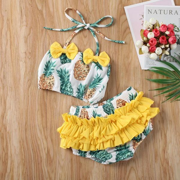 

est summer 2pcs baby girl pineapple watermelon print swimwear kids ruffle bowknot swimsuit one-piece suits