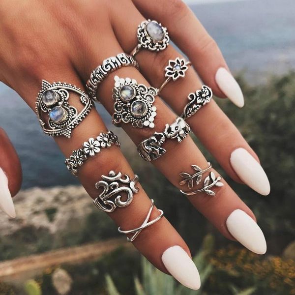 

cluster rings 11 pcs/set bohemian vintage elephant leaves flower cross personality silver ring set women wedding party jewelry gifts, Golden;silver