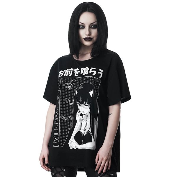 

insgoth harajuku loose long t-shirts women gothic streetwear oversize black t-shirts grunge printed fashion female vintage, White