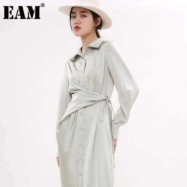 

[eam] women green irregular split joint shirt dress lapel long sleeve loose fit fashion spring autumn 1z46706 210512, Black;gray