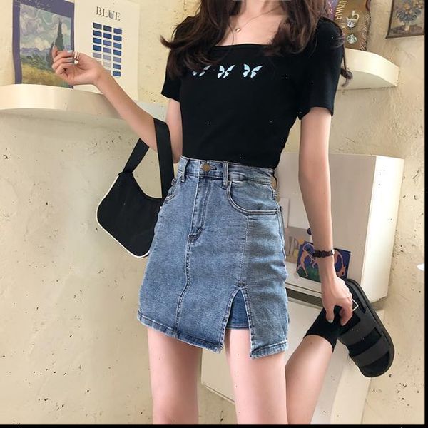 

summer tight high waist a women skirt line split denim miniskirt and divided woman skirts mujer faldas saias mulher, Black
