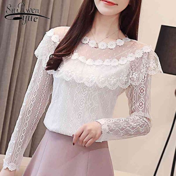 

women and blouses hollow lace blouse shirt dames blouse zomer long sleeve ruffles lace women shirts 2624 50 210417, White