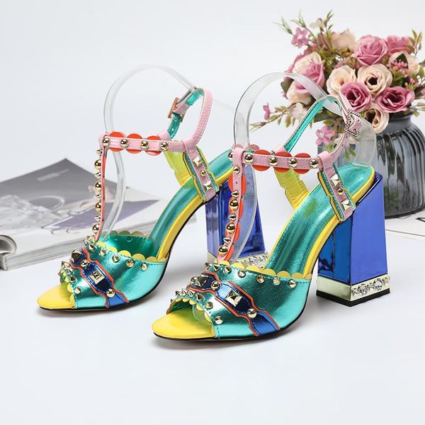 

casual designer fashion lady women high heels sandals multi color spikes strappy shoes, Black