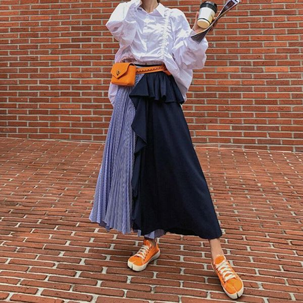 

skirts womens fashiontwo-color pleated long skirt girls high waist flared elastic unique personality design streetwear, Black