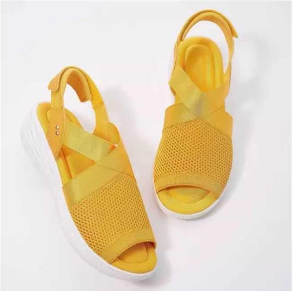 

sandals 2021 summer fashion casual ladies pure color knitted mesh adjustable slope heel comfortable 1kb168, Black