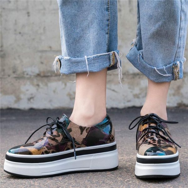 

dress shoes goth trainers women lace up genuine leather wedges high heel platform pumps female round toe fashion sneakers casual, Black