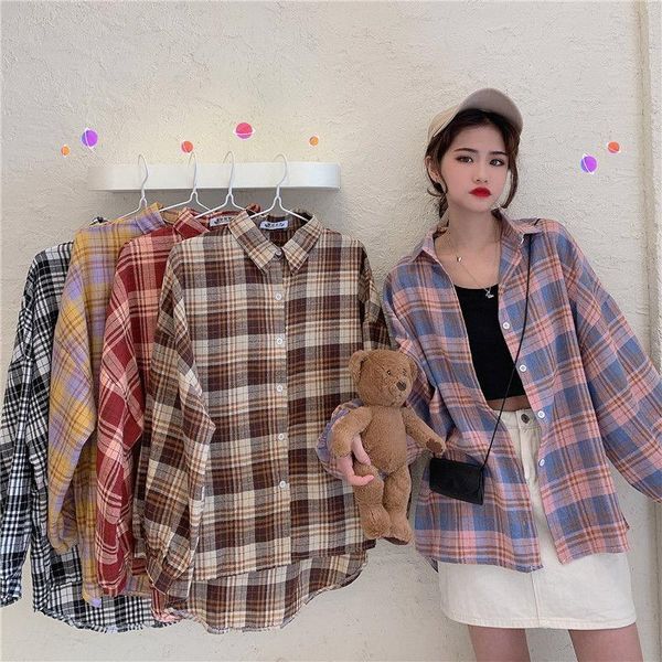 

women's blouses & shirts deeptown plaid women beautiful blouse with lush sleeves cardigan korean style 2021 fashion oversized streetwea, White