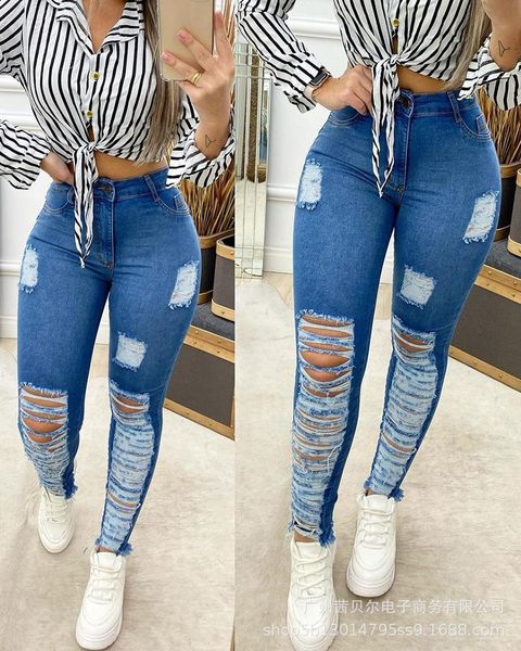 

women's jeans ripped for women casual hole skinny 2021, Blue