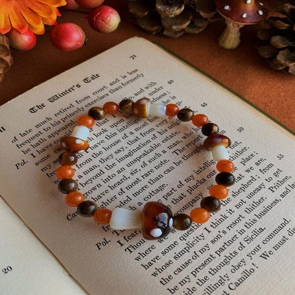 

beaded, strands designer original natural tiger eye stone bracelet bohemian style fashion simple glass mushroom jewelry gift for girls, Black
