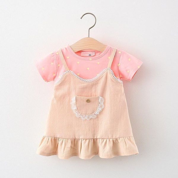 

girl's dresses 2021summer baby girls lace pocket dress, Red;yellow